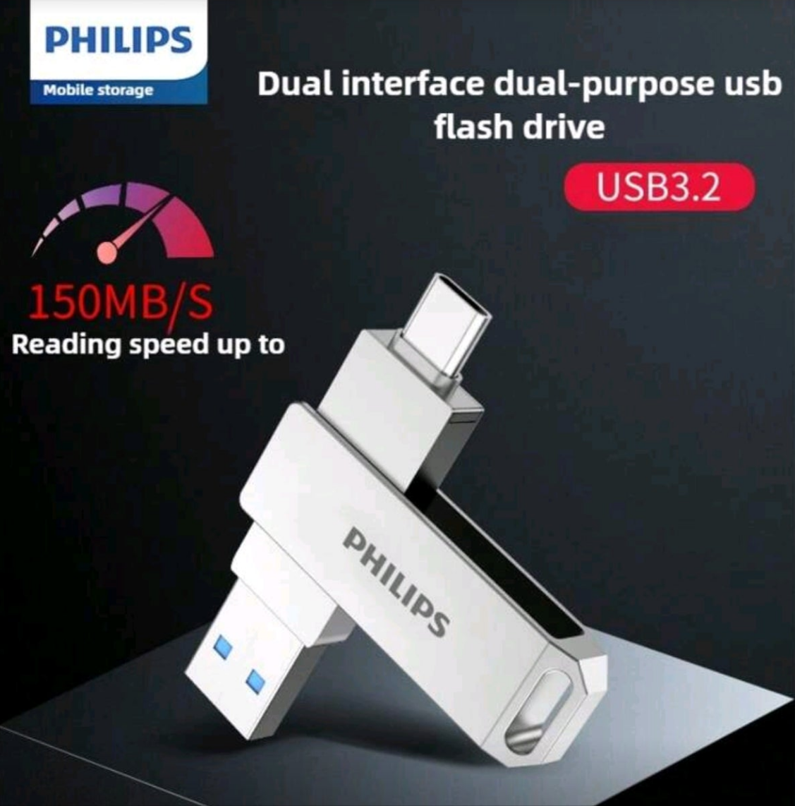 Philips dual interface dual-purpose USB flash drive with specifications on a dark background