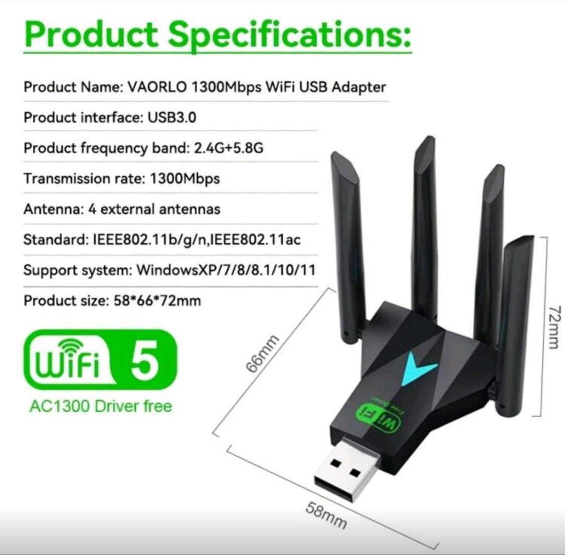 KZ Dual-Band 2.4G 5.8Ghz USB 3.0 High-Speed WIFI USB Network Card Adapter Wireless USB 1300Mbps.